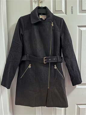 Michael Kors Belted Wool Blend Coat Black Asymmetrical Zip Designer Jacket Sz S